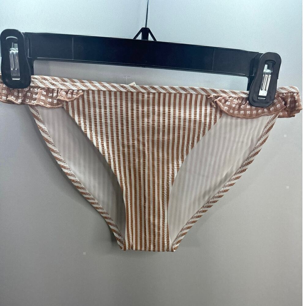 AERIE SWIMWEAR Women's Ruffle Sides Brown White‎ Stripes Bikini Bottom XXS NWT
